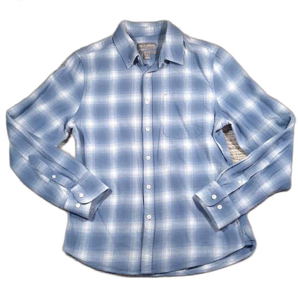 Falls Creek Men's Medium Blue Plaid Button Down Shirt Long Sleeve Casual Cotton
